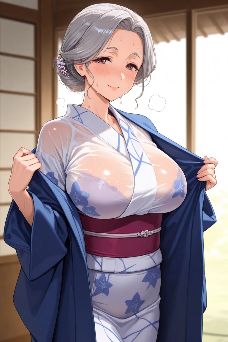 Standing wearing yukata、Outstanding smile、 milf 、Japanes、huge breast、short hair、(gleaming skin:1.4)、arms behind back, pigeon toed, Esbian all over、(ryokan, in, room:1.2)