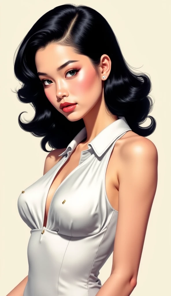 Seoul, 1982, A young korean beautiful girl, 22-year-old, sexy girl, strikingly beautiful, black hair, big breasts, delicate facial features, porcelain skin, red lips, expressive eyes, ((awe and joy expression)), a prizewinner in a beauty contest, miss korea, (((girl all nude))), winner crown, the sash, ((hairstyle of the 1980s)),((pin up style)), pastel background, cowboy shot,