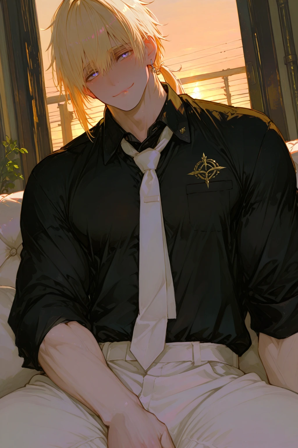 <lora:kaveh:0.75>,1boy,blonde hair, blush, jitome, embarrassed, muscle, flat chest, one breast out, bandaids on nipples, unbuttoned shirt, clothes pull, necktie, suit jacket, buttons, lowleg pants, masterpiece, best quality,
