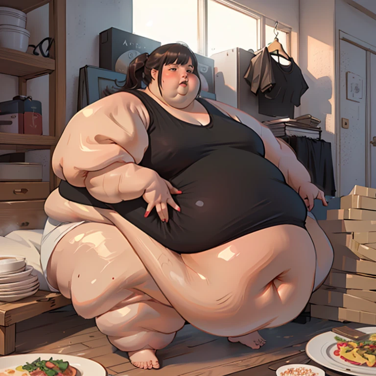 masterpiece, detailed, (realistic:1.5), beautiful woman, USSBBW, (morbidly obese, fatblob:1.2), high aesthetic, nude, blob, kitchen, nighttime, side view, open fridge, sagging belly, open mouth, salivating, drooling, ecstatic expression
