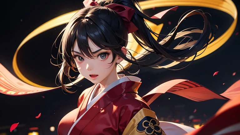 A 20-year-old female character in a flashy haori, mini hakama, knee-high boots, with long ponytail hair, holding a flaming sword, in the style of Japanese anime.