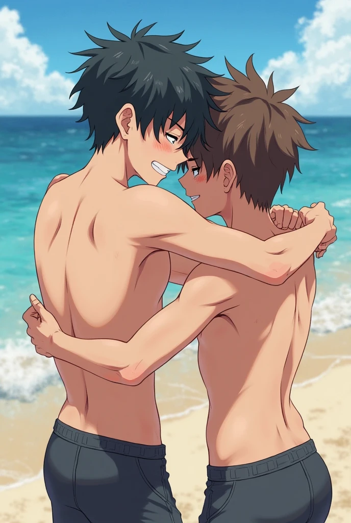 Two boys 12 years old. very thin, cute, shirtless, in very short swimming trunks, very thin, Slender, one hugs the other from behind, Hesitate