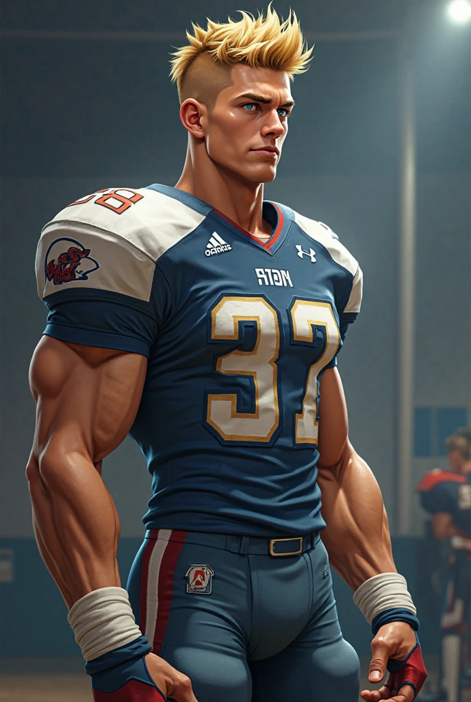 ((Bara)) Muscled college frat jock bully teasing in his skimpy football gear, compact, tidy small and realistic bulge. He looks like David Charvet and Cody Calafiore crossed with Tony Dow (pouty lips); crop top; smug vibe; arrogant smirk