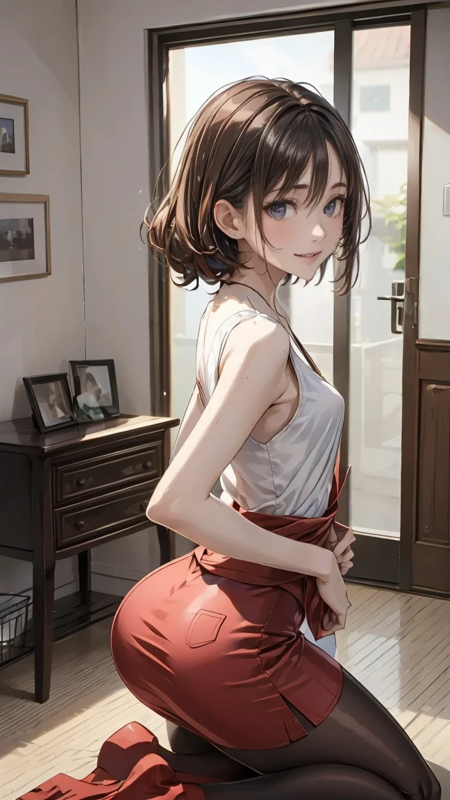 one girl、blush、embarrassed expression、perfect anatomy、short bob、small breasts、(((turtleneck、skirt、black knee socks)))、((Hair disheveled by the wind、messy hair、broken hairstyle))、(((風でskirtがめくれる:1.3、red panties、cute ass)))、focus on butt、professional lighting, film grain, chromatic aberration, (Eye and face details:1.0), (Bokeh:1.1)、software:1.5)))、 highest quality, 8k, 20talent
