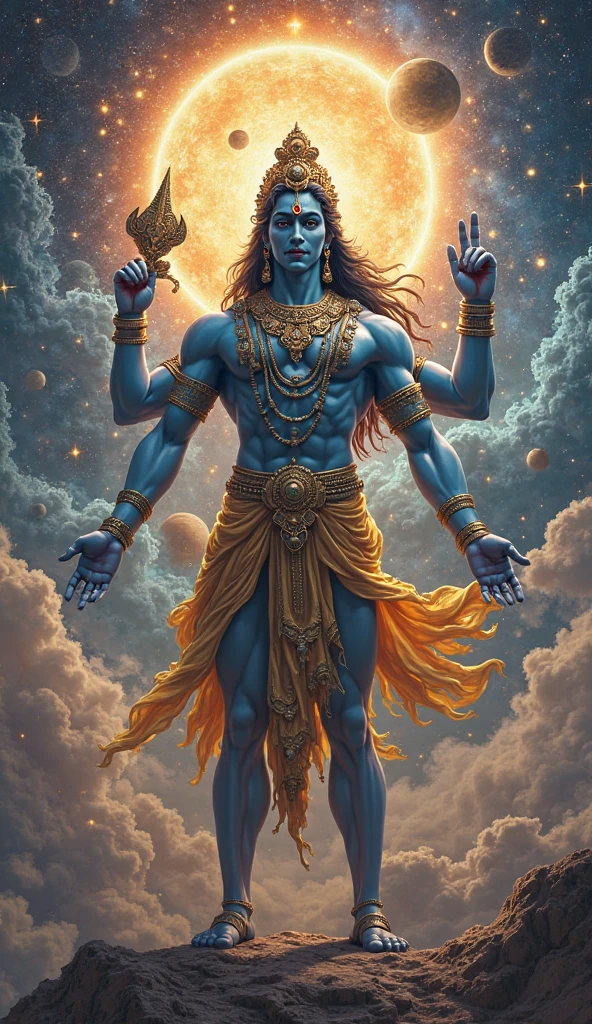 Generate an image , in which lord shiva stand beside letter A