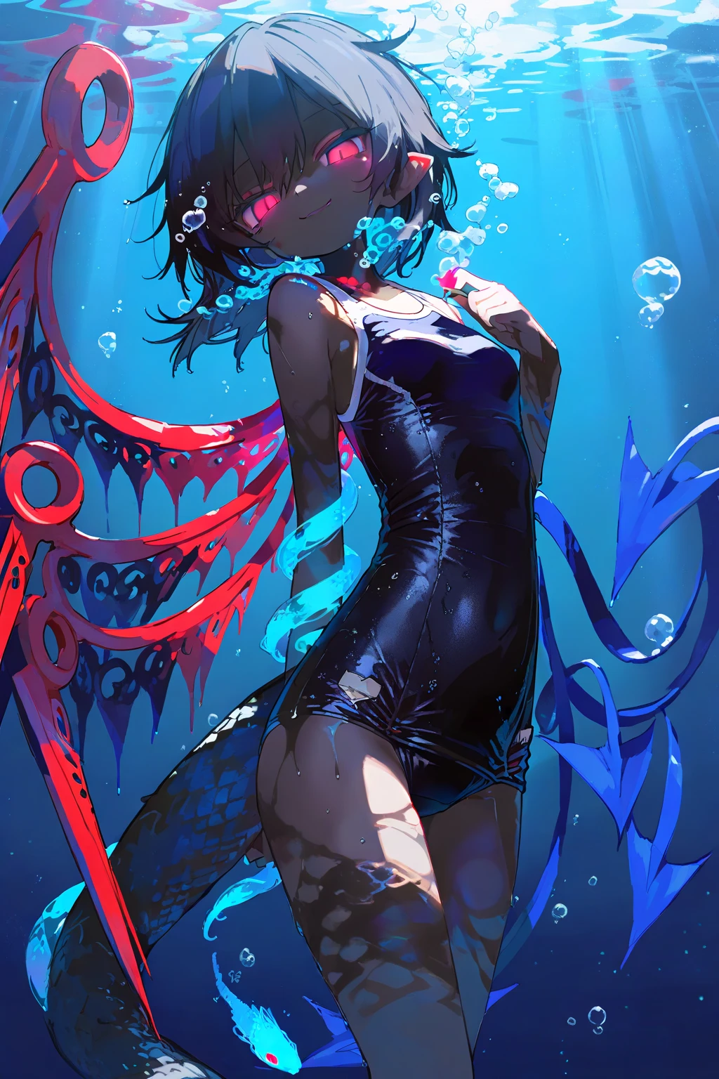 ((masterpiece, best quality)), Delicate face,Magician,Witch Hat,Standing picture,whole body,Perfect body proportions,Long legs,Handsome short hair,Nice red eyes,Fantasy style,White background,Extremely beautiful,transparent,Pure white armor,Sexy bikini,cloud,Water Ripples,chain,Tattoo,Lace,exposed