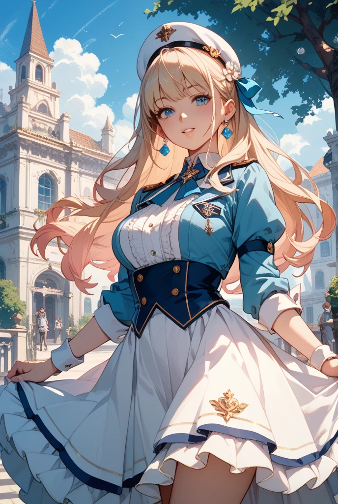 (masterpiece:1.2), (highest quality:1.2),, Curvy but slender body, perfect eyes, perfect face, perfect lighting, 1 girl, inside the royal palace,taking a walk,(cute gesture),hort hair, standing position,sculpture installation,Fine clothes, Detailed outdoor background, compensate, eye shadow, thick eyelashes, fantasy, looking at the viewer, whole body,alice in wonderland、blue sky、Bright and very beautiful face、young shiny glossy white shiny skin、the best beauty、The most beautiful bright blonde hair in the world、thin hair、Shining beautiful bangs、Glowing crystal clear big blue eyes、Very beautiful lovely 17 year old most beautiful girl in the world、ample breasts