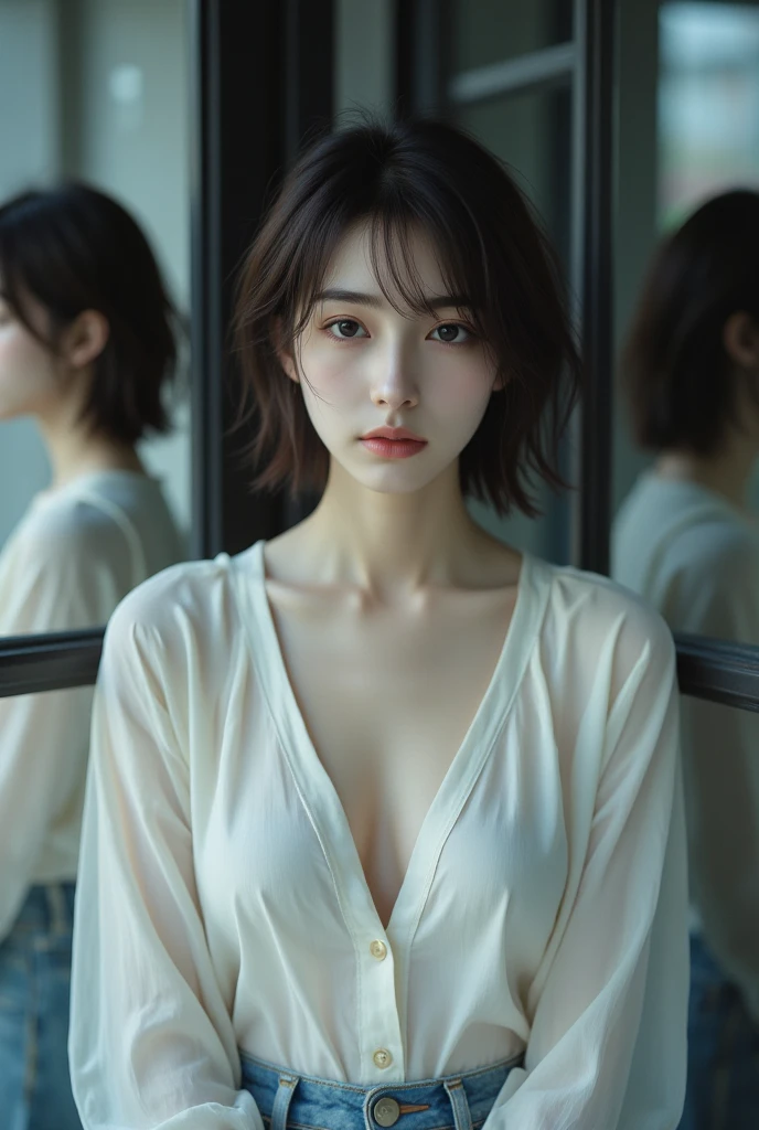 best quality, masterpiece, ultra high resolution, (lifelike:1.5), original photo, 1 girl, Off the shoulders, in the darkness, deep shadow, low profile, cold light, sexy look, short hair, big breasts