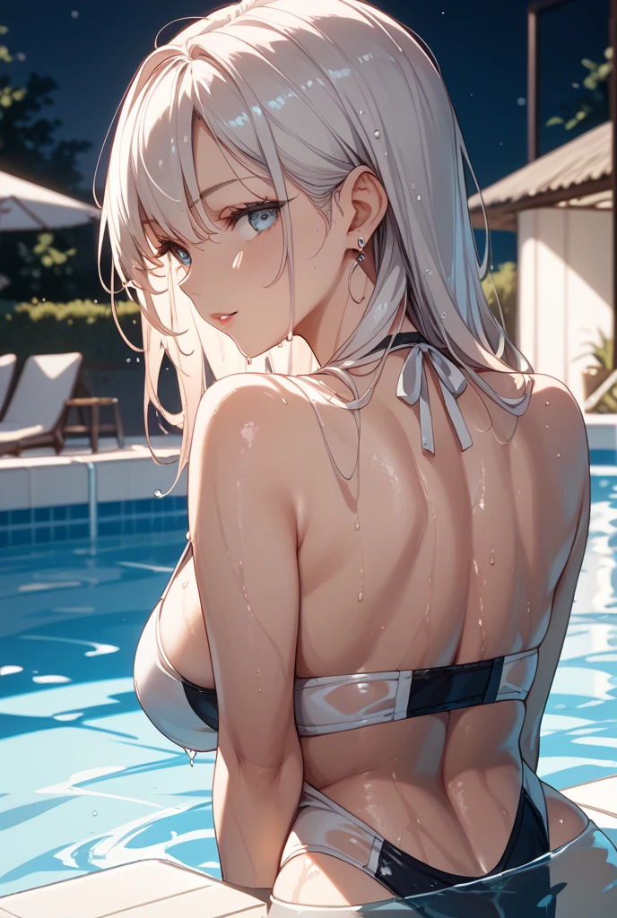 High resolution, Highest quality, super high quality, Ultra-detailed, Cinematic lighting、(四つん這いのButt:1.5)、squat、woman 、(Transparent Bikini:1.5)、ponytail、White Hair、Blue eyes、Beautiful Skin、Beautiful Face、Embarrassing、Beautiful Eyes、Sweaty、Sweat、Butt、完璧なButt、