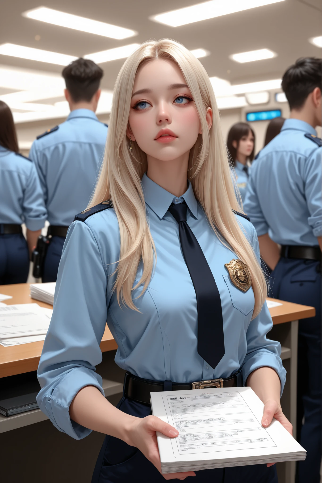 (masterpiece, ultra realistic, 8K RAW, cinematic lighting), a stunning Western female detective with an oval-shaped face, no visible facial bone structure, soft delicate features, small sharp lips, and dreamy blue eyes. Her expression is sharp and focused, exuding calm authority in the midst of chaos.

She has long blonde hair styled in a clean middle part (middle-parted hair), naturally flowing down her shoulders. Her look is elegant, composed, and beautiful in a subtle, Asian-inspired way — no harsh angles, just a soft, intelligent presence.

She stands tall in a bustling, messy police station — desks with paperwork stacked high, officers talking, phones ringing, and whiteboards filled with case info in the background. The environment feels alive, like an active crime unit.

Outfit: white button-up shirt with rolled-up sleeves, black tie slightly loosened, tucked into fitted black slacks. No blazer. She wears a badge on her belt or clipped to her waistband. Minimal makeup, matte finish — natural and professional.

Pose: standing confidently, one hand on hip or holding a folder, observing the chaos or walking forward with purpose. Camera captures her from the waist up (medium close-up), slightly off-center for cinematic framing.

Lighting: realistic but cinematic — cold-toned ambient lights with warm highlights from overhead fluorescents or desk lamps. Slight motion blur or background bokeh to show movement around her.

Mood: gritty, professional, commanding — like a detective who knows she’s in charge, even if the world’s on fire.
