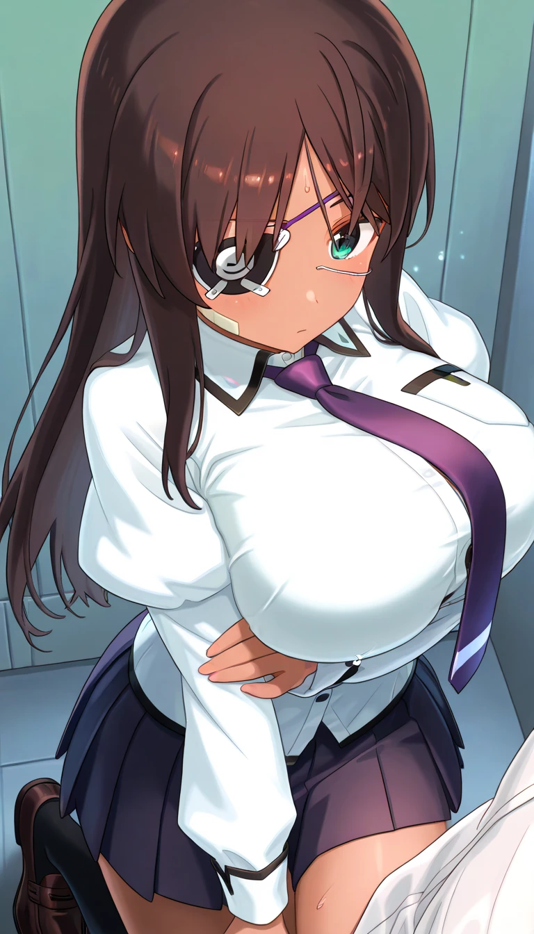Evangelion student male focus, ikari shinji Super huge big breasts breast enlargement, blushing and long hair, sitting alone in the classroom full-body shot
