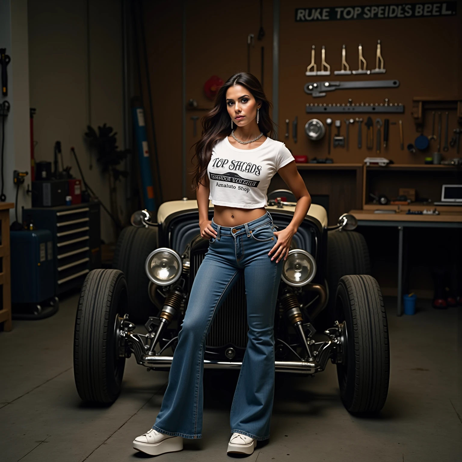 arafa woman in orange pants and white blouse posing in a garage, (SFW) seguro para o trabalho, mechanic, white angelica, wearing dirty overalls, large and in charge, cena completa filmada, wearing orange prison jumpsuit, angelawhite, Kimberly Asstyn, inspirado em Ford Madox Brown, voluptuoso e excitante, apertado, full body shot ((((dirty)))) ((corpo todo suado)) ((bimbostyle))