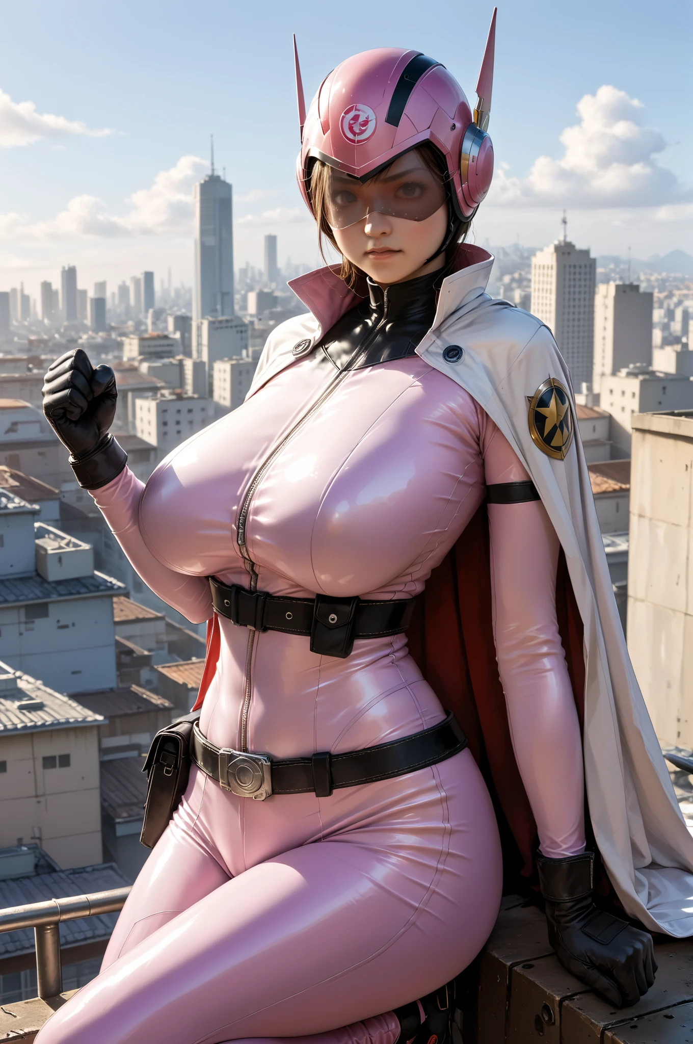 masterpiece, best quality, full body, barefoot, solo, female, big breast, feforrest, beret, pink capelet, pink tunic, white pants, brown gloves, upper body, looking at viewer, shy, from above, mansion, room, finely decorated room, pink theme, big breast but cover, hands to hip