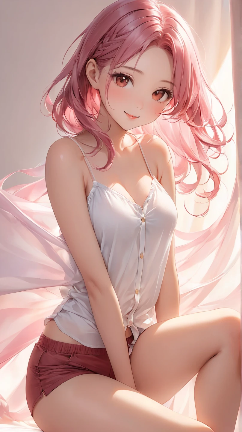 (photorealism:1.2), beautiful woman, she is standing and making a heart shape with her hands, exposing her thighs, with medium pink hair curled slightly, along with sparkling blue eyes, perfect body, anime style, cute face, hourglass figure, slightly revealing top, wearing a white wool sweater