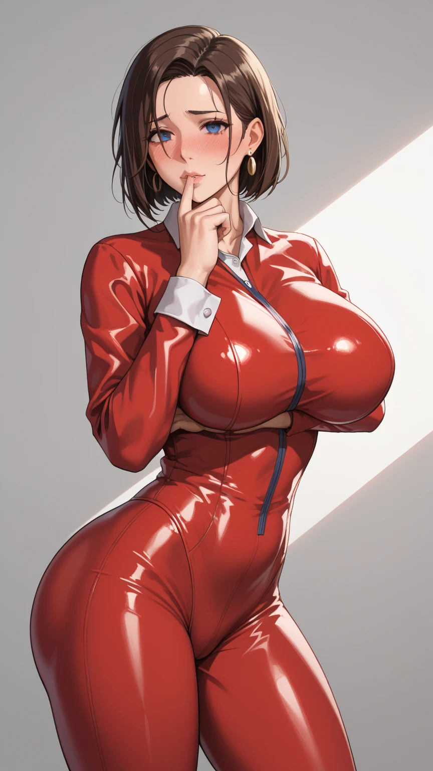 short black hair, blue eyes, large cleavage, red latex, curvy