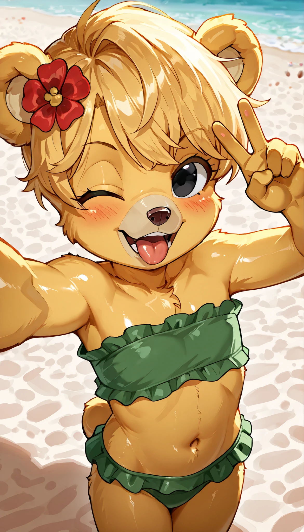 score_9, score_8_up, score_7_up, (masterpiece, best quality, very aesthetic, absurdres, source furry, shaded, 1girl, bear, furry female, Sunni Gummi, young, black eyes, smile, blush, blonde hair, messy bangs, bear features, bear ears, bear tail, yellow body fur, red animal nose, ((flower on hair, green bundeau strapless frilly bikini)), beach on background, sassy face, anime style, glistering body, navel, shiny body, oily skin, sexy, adorable, skinny, narrowed eyes, (very skinny:1.0), (Small, Short:1.1), (young cub:1.2), uperbody, presenting front, epic portrait, sharp teeths, selfie POV, v, peace sign with one hand, wink, one eye closed, tongue out, open mouth, japanese pose, ((no niples)), sfw, angry, smile,