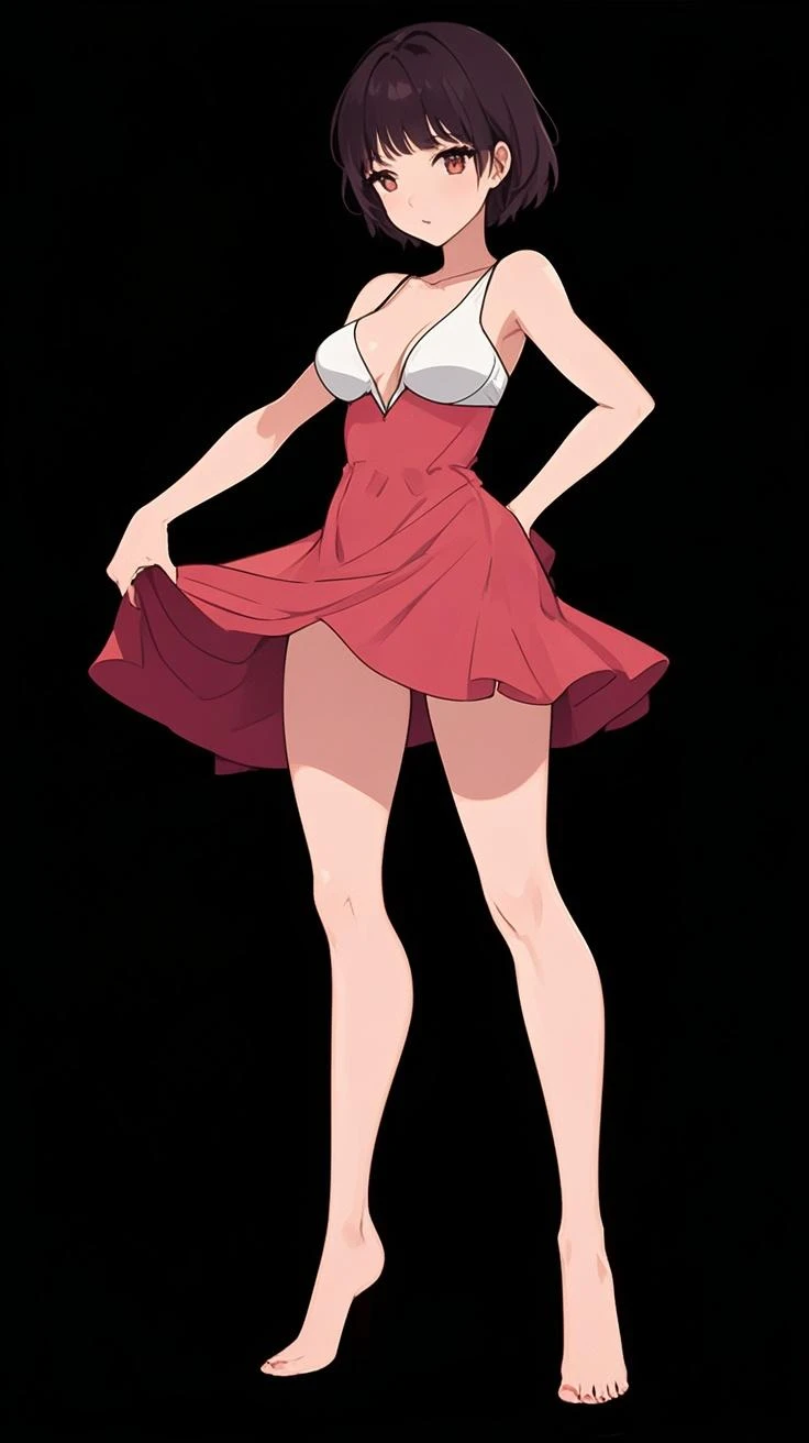 girl, full body, facing the camera directly, looking at the camera, (red bikini), medium hair, black hair, busty, BREAK ((simple green background:1.3))
