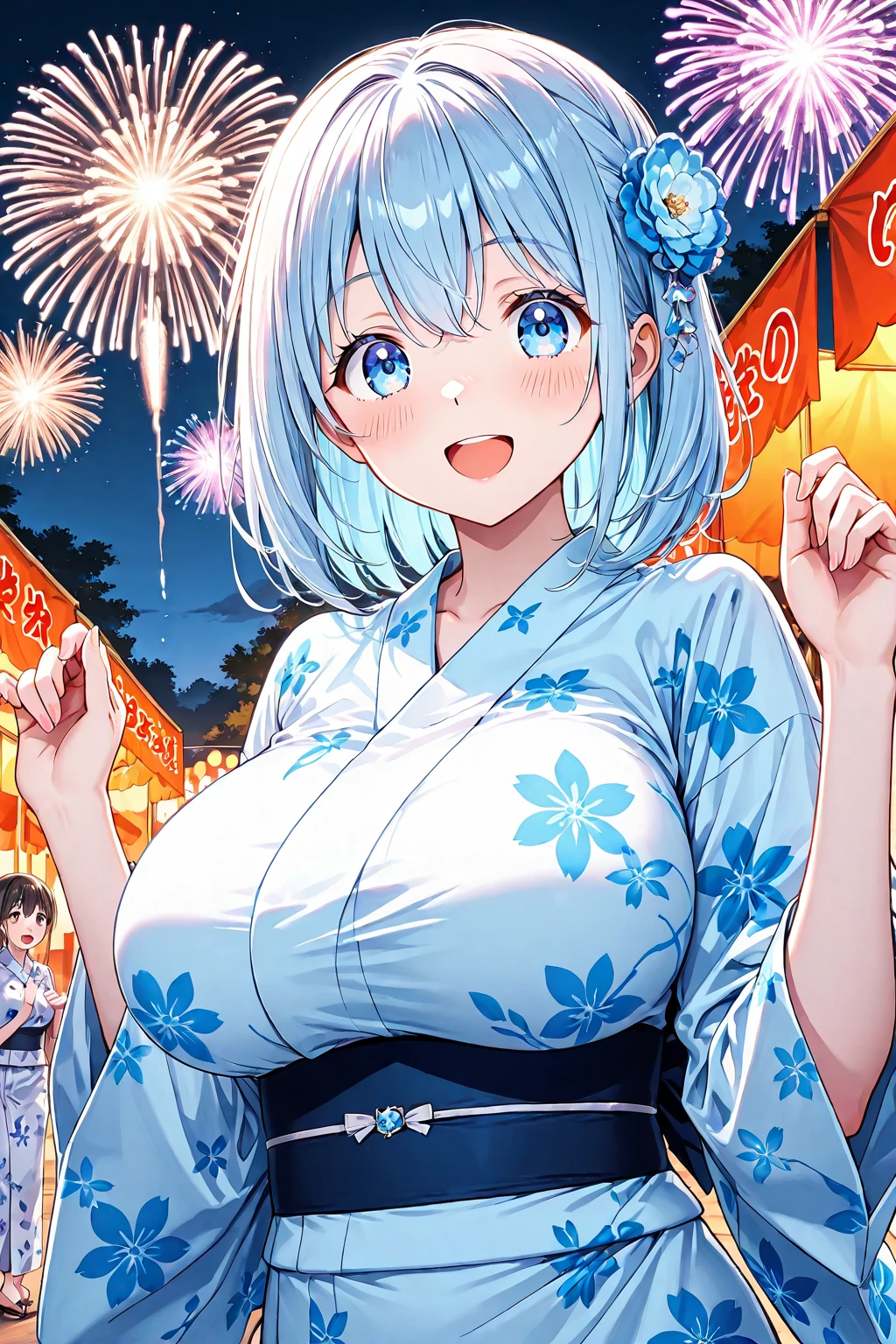 masterpiece, Highest quality, Mari Illustrious, One girl,Beautiful Eyes,Blue Hair,yukata,Upper Body,Open chest,sexy,Big Breasts,Fireworks display