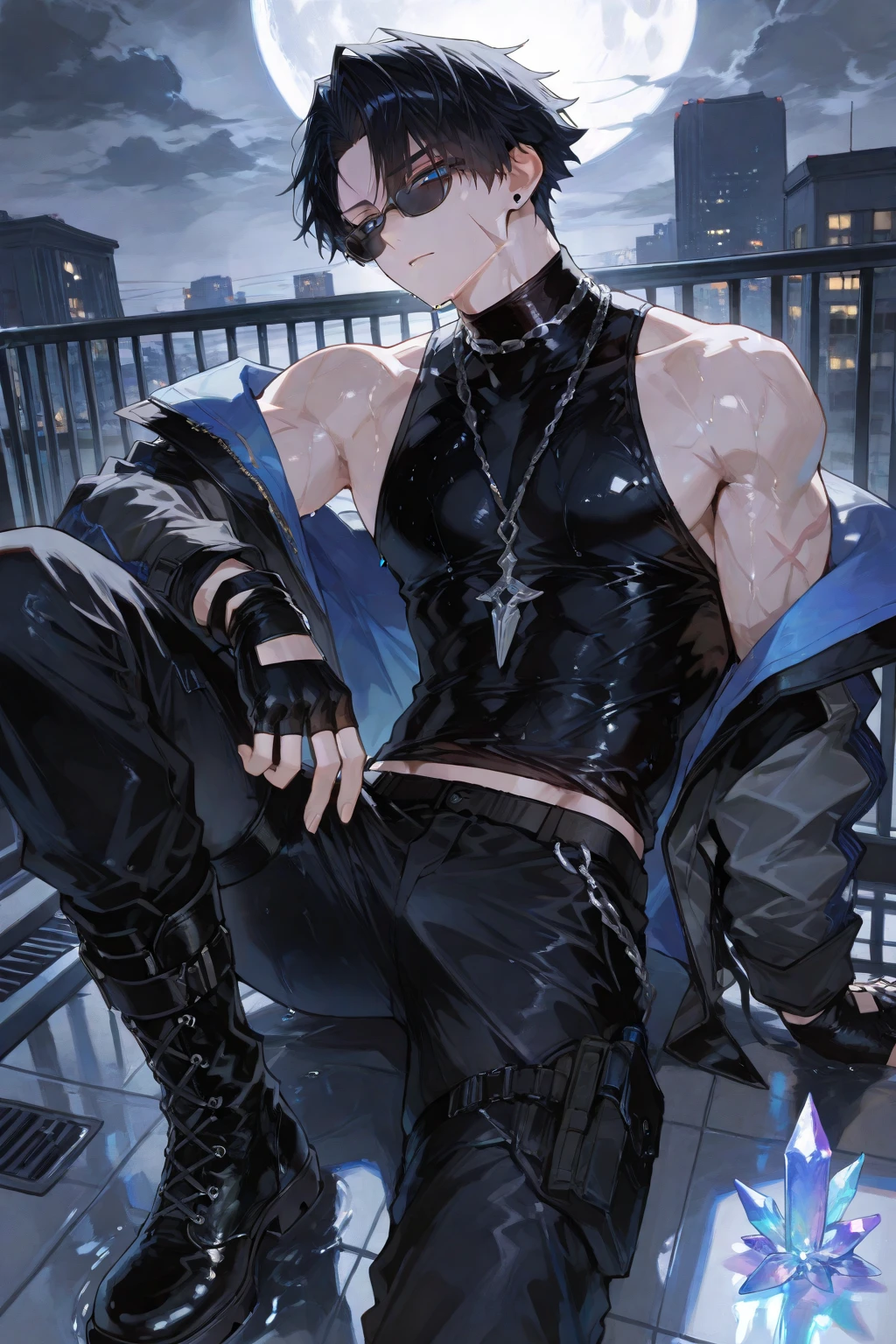 (masterpiece, top quality, best quality, official art, Short, sleek black hair with dark purple highlights, styled in a sharp, angular cut.
Eyes: Intense, deep purple eyes with a mesmerizing gaze.
Outfit:
Top: A fitted, black leather vest with intricate silver and dark purple embroidery. The vest features multiple straps and buckles, giving a rugged yet refined look. Underneath, he wears a tight, long-sleeved black shirt with mesh panels.
Bottom: Black leather pants with silver and purple detailing, including chains and buckles. The pants are tailored to fit snugly, emphasizing his athletic build.
Footwear: Black combat boots with silver buckles and dark purple accents, polished to a high shine.
Accessories:
Choker: A black leather choker with a silver ring pendant.
Gloves: Fingerless black leather gloves with silver studs and purple stitching, extending to his forearms.
Jewelry: A combination of silver and dark purple rings and a studded bracelet on one wrist.