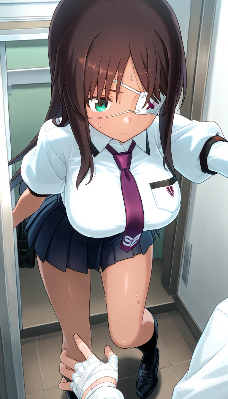 top-quality、Full limbs、(photorealistic:1.2)、complete fingers、1 beautiful woman、beautiful detailed eyes、super detailed skin、sweat、oil、Slender beauty、straight haired、blown hair、french braid、blunt bangs、head tilt、((white Nurse bikini、covered erectile nipples、very skinny))、cleavage、white nurse hat、White pantyhose、hospitals、Hospital Room、on Patient bed、(stethoscope)、((((vulgarity))))、spoken heart、（light dark skin：1.6）、