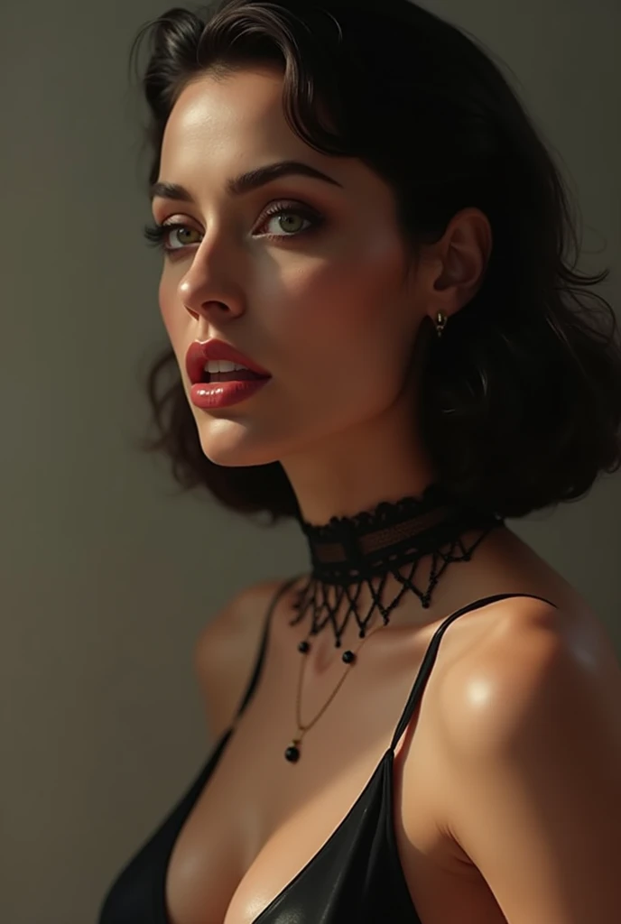 A woman, short hair, black hair, pale skin, red lipstic, very big breats, very big thighs, small waist,