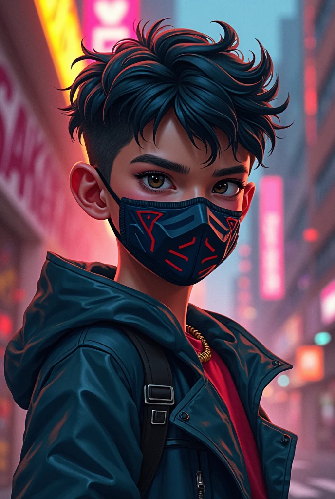 A boy wearing a cap and mask and outline with neon colour with retro effect