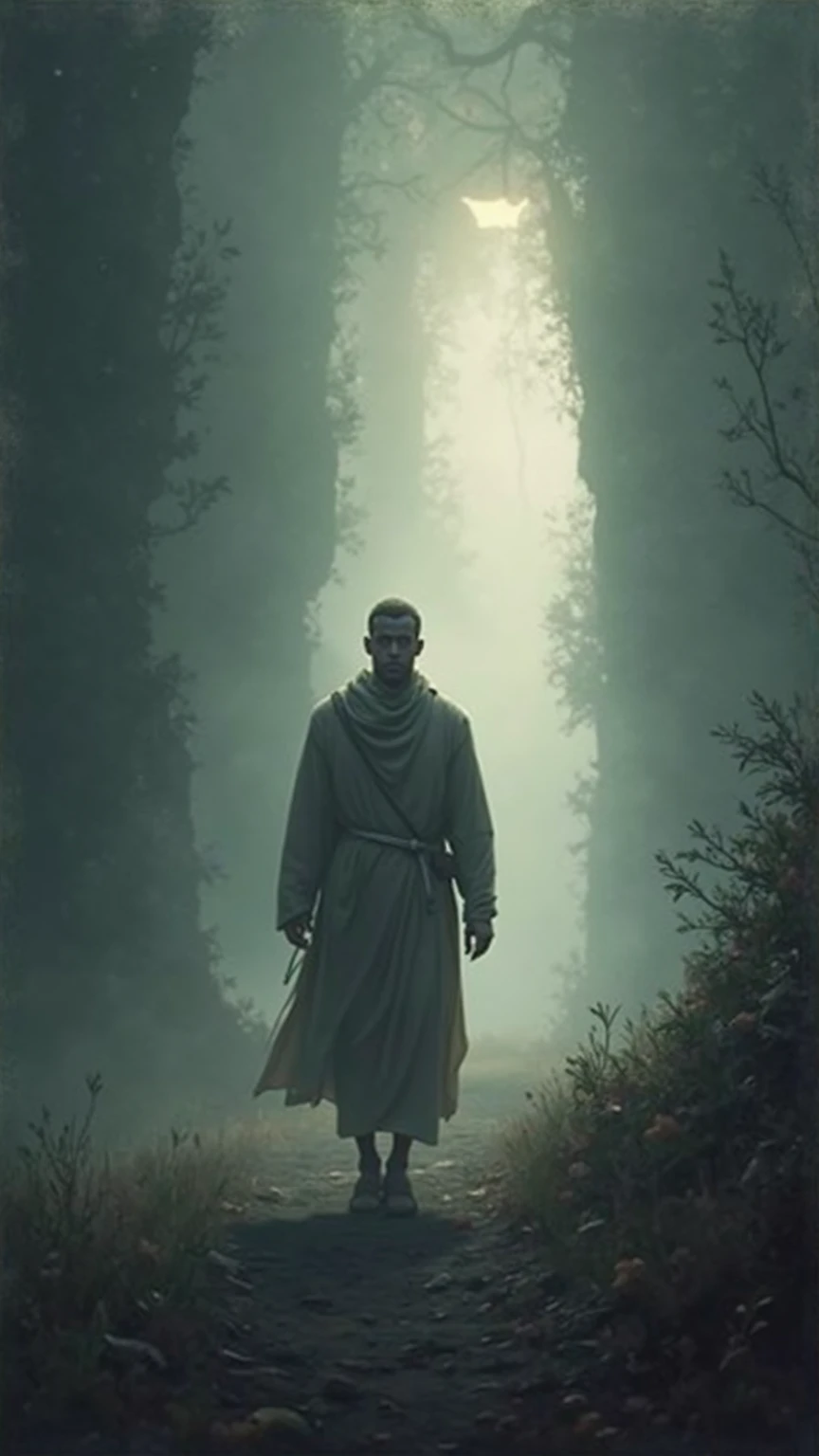 Pyramus, disconsolate and determined, ancient Babylon, wearing a dark robe, under the white mulberry tree, raising a sword to his chest, the branches of the tree laden with white berries, the gloomy forest surrounding him, low angle shot, hyperrealistic, photorealism, cinematography, ar 9:16.