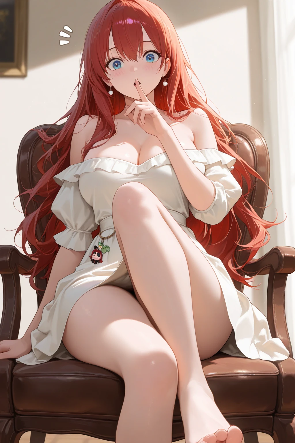 (masterpiece, top quality, best quality, official art, beautiful and aesthetic:1.2), (1girl:1.3), extremely detailed,(fractal art:1.2),colorful, highest detailed, parted lips,wallpaper, red hair, (detailed eyes, gold eyes), horn, bangs, fur trimmed coat,coat,naked coat, armpits, pussy, medium breast, horn towadrs the fronts, horn towards the bangs, erotic pose, sitting, sitting crossed legs, sofa, challenging smile, elf ears