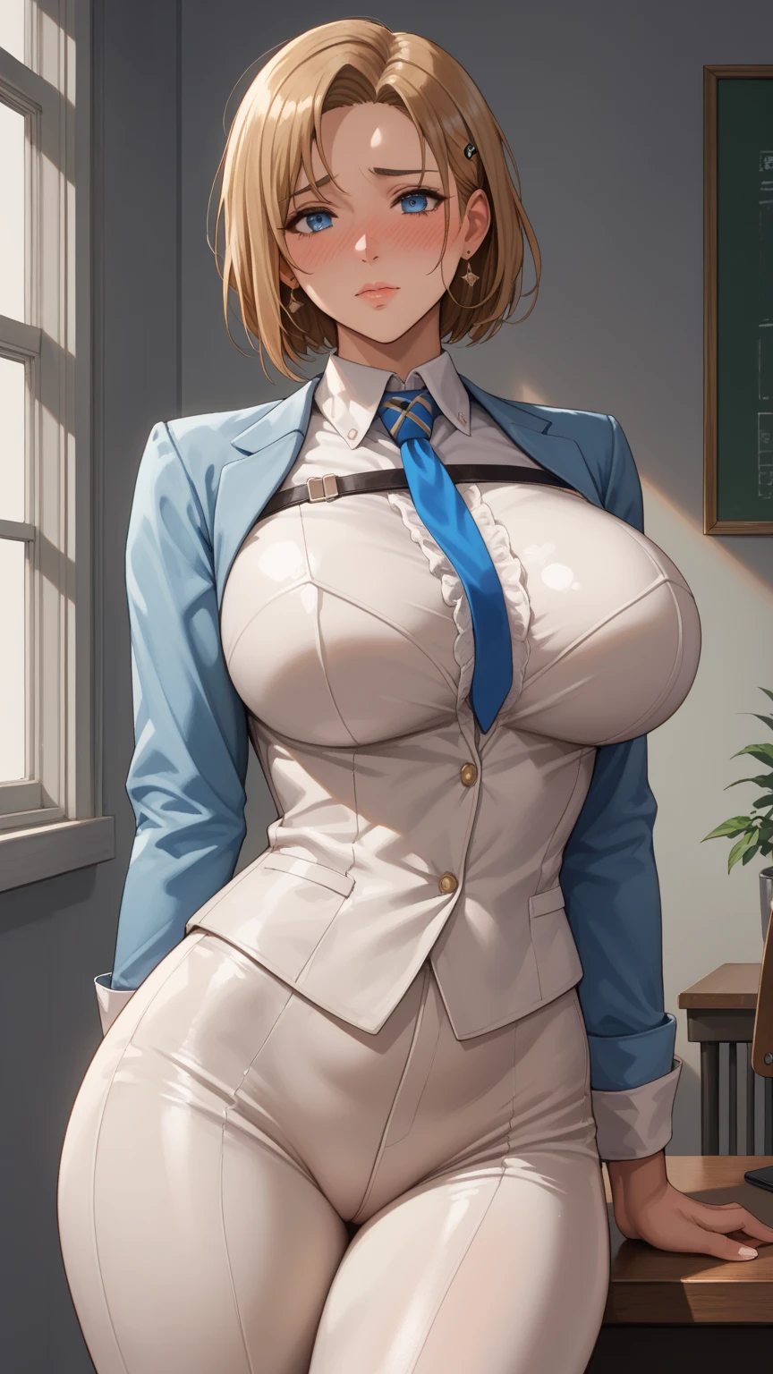 beautiful, masterpiece, Highest quality, anime, One girl, C Cup,Portrait Shot, View your viewers, Covered、Short Hair、nearby、Blue Eyes、art、、White hair,Blue streaked hair、hairpin、Cute smile、Thighs、Cute、 tights、、brown_tights、Micro Mini、Career woman outfit、Women's Suits