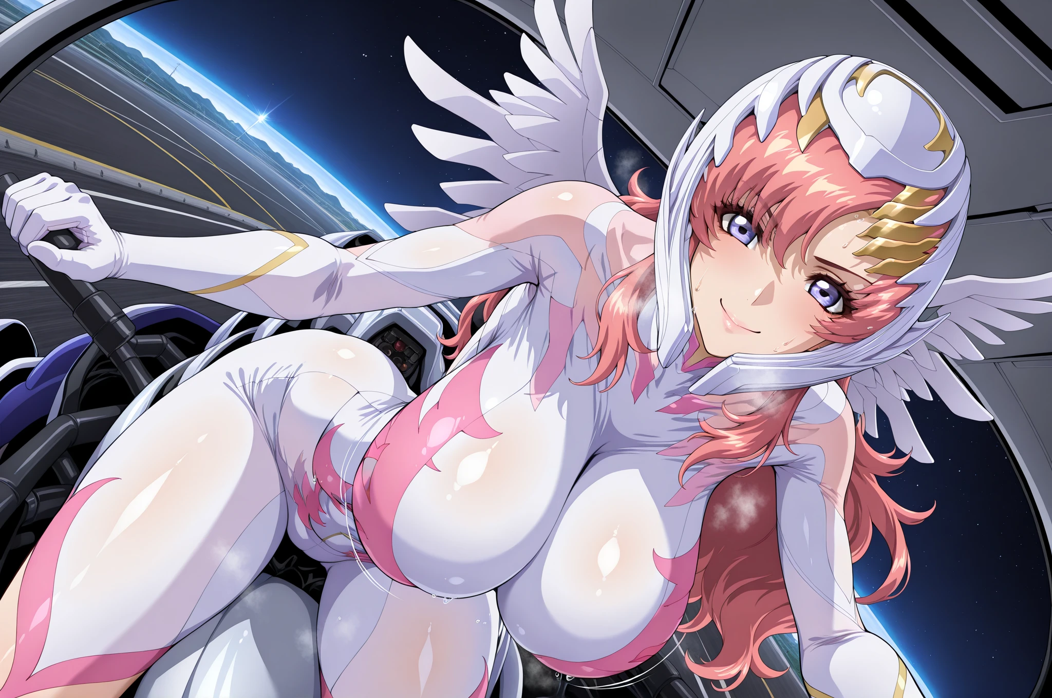 1girl, large breasts, breasts, thick thighs, wide hips, pink hair, very short hair, hair ornament, ornament, headphones, blue eyes, white bodysuit, bodysuit, futuristic, science-fiction, tech, machinery, angel wings, wings, thigh strap, cutout, cleavage, serious, cameltoe, cowboy shot, ((cowboy shot))