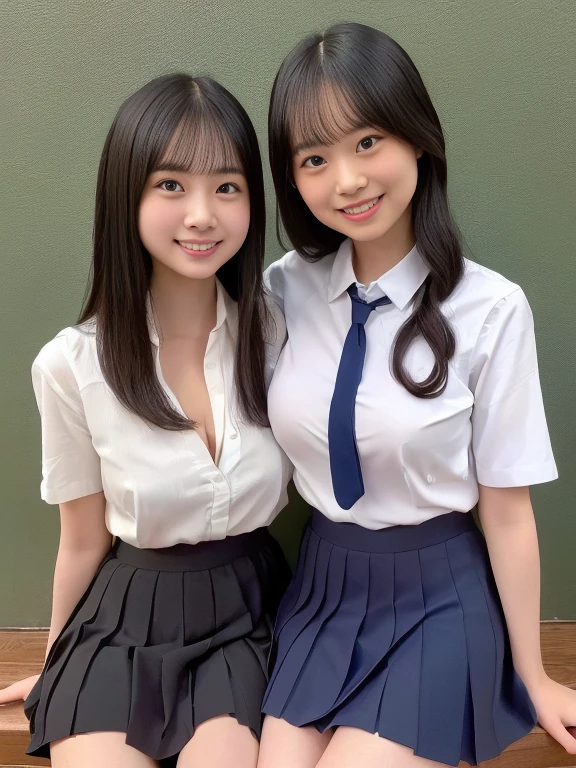 8k, RAW Portrait (Japanese women),masterpiece、Photorealistic:1.3、Realistic, Ultra-high resolution, Highest quality, Real Life Photos ,( in the evening :1.1), ((((2 girls:1.5)))), (((Two girls showing off their panties in a room)))、(Beautiful Face:1.1)、日本の2 girls,((Two Japanese high school girls))、((Two real high school girls))、((Japanese High School Uniform:1.6))、In the classroom、 ((Dark brown eyes:1.2))、(Realistic skin texture:1.3)、(Immersive atmosphere:0.8、Chiaroscuro:1.2) 、(Look Viewer:1.3)、((Embarrassed look))、((blush:1.3))、((From belowの天井:1.2))、(smile:1.2)、((((She's wearing tiny silk panties))))、((Panty shot))、((A woman rolling up her skirt))、((From below:1.15))、((Panties close up:1.42))、((Panty shot))、((Spread your legs out to the side:1.4))