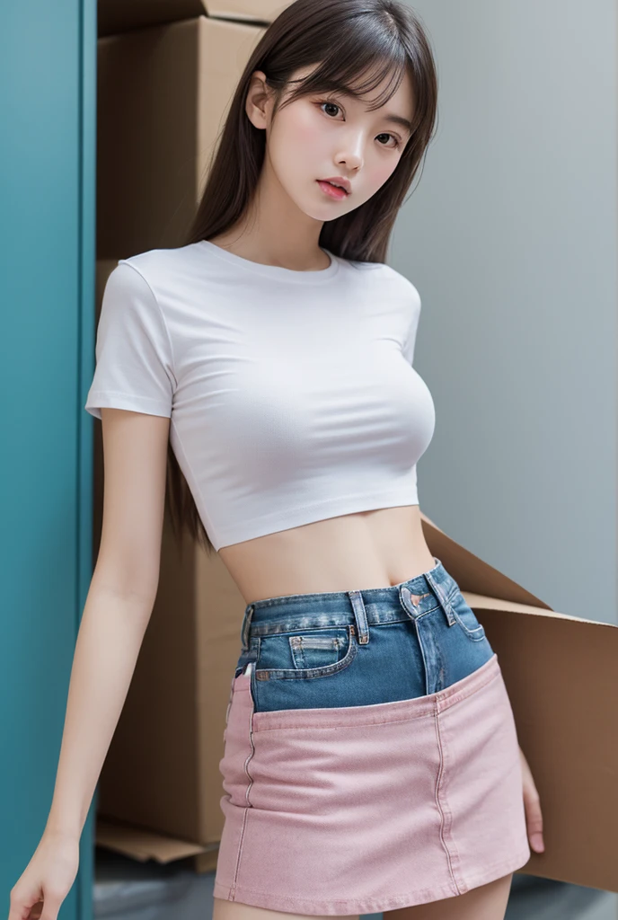(Best quality, masterpiece, detailed), (RAW, 4k, hd images), shy, 1 girl, 17 years old, white skin, long hair, ponytail, layers hair, bangs, black hair, beautiful girl, cute girl, sweet girl, pretty girl, perfect girl, pretty eyes, blue eyes, thin lips, thin, eye line, perfect round breast, glasses(detailed frame), simple background, smile, thigh, legs, tshirt clothes, short pants, standing, side angle capture, half body, side breast