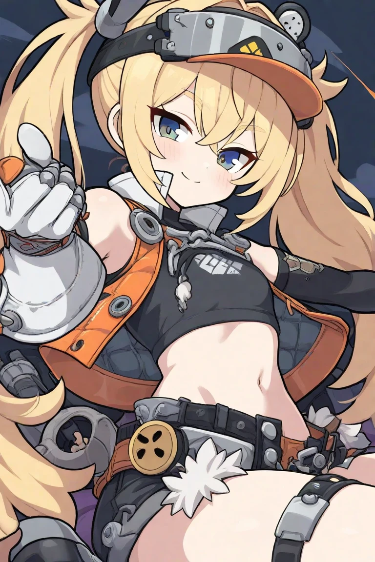 best quality, 1girl, solo, looking at viewer, goggles on headwear, goggles on head, long hair, blonde hair, twintails, purple eyes, smile, collarbone, fingerless gloves, elbow gloves, black gloves, (purple gem on stomach), midriff, chain, scarf, <lora:FeliciaMitsuki_v10:0.6>, mitsuki felicia, detailed shading, detailed lighting, detailed background, indoors
