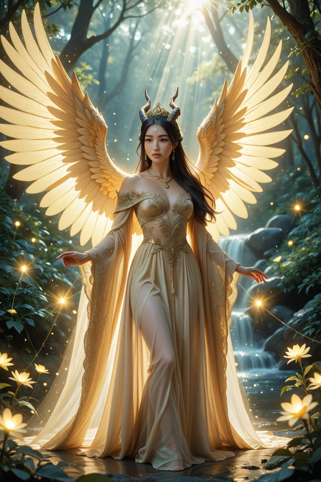 a beautiful fertility goddess,1girl, gentle smile, with beautifully detailed black kite wings, beautiful detailed eyes,beautiful detailed lips,extremely detailed face and features,long flowing hair,intricate golden crown,elegant flowing toga,ethereal glowing aura, fantastical landscape background, dramatic lighting,cinematic composition,fantasy,digital painting,muted color palette,dramatic chiaroscuro,highly detailed,8k,photorealistic,masterpiece