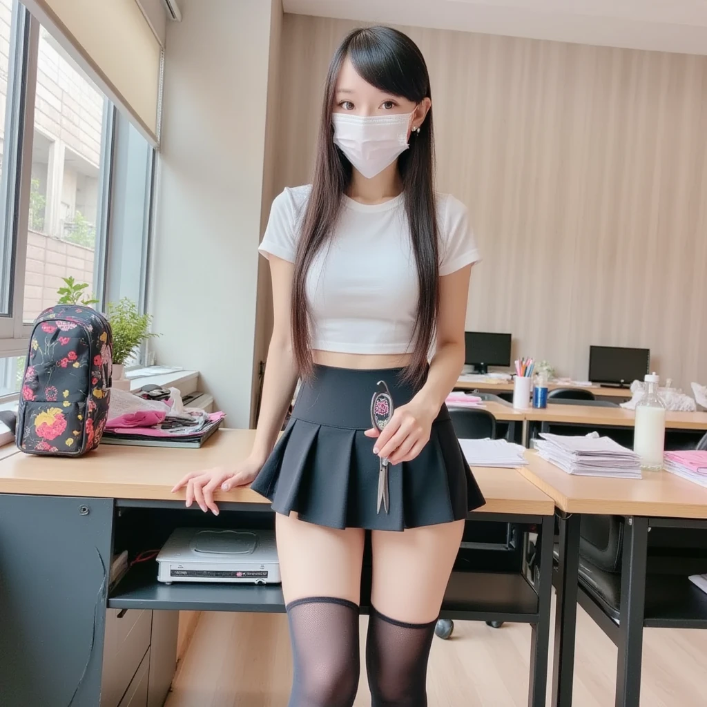 One woman(10 years old)、smile、Long, blue hair、Thin glasses、White clothes、See-through shirt、ribbon、Short pleated skirt、Pink underwear、loose socks、Inside a skyscraper office at night、Spread your legs