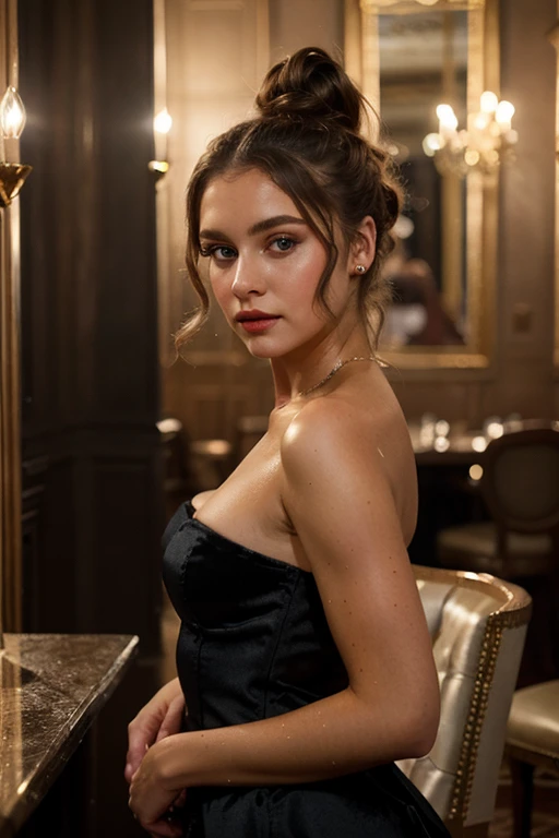 A beautiful girl wears a glamorous evening gown with sequin embellishments, paired with opera-length gloves and a fur stole. Ambient: The opera house is decorated with classic winter accents. The orchestra plays beautiful melodies as attendees enjoy an evening of cultural sophistication. She has a brown silky hair, big brown eyes, beautiful face, bright facial skin, beautiful hand, impressionless, very beautiful Instagram model, realistic image. Dynamic composition, motion, ultra - detailed, incredibly detailed, a lot of details, amazing fine details and brush strokes, smooth