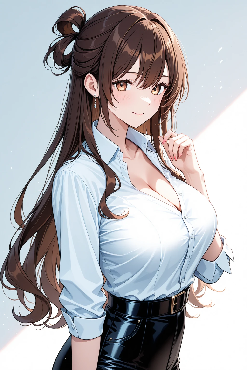 ((top-quality、8k、​masterpiece:1.3))、foco nítido:1.2、Beautiful woman with perfect body shape:1.4、Slender abs:1.2、((dark brown  hair、huge-breasted:1.９))、(wearing a white button up shirt、Jean:1.1)、Urban area:1.2、Highly detailed facial and skin texture、A detailed eye、二重まぶた、celebration、Hold out a bouquet、