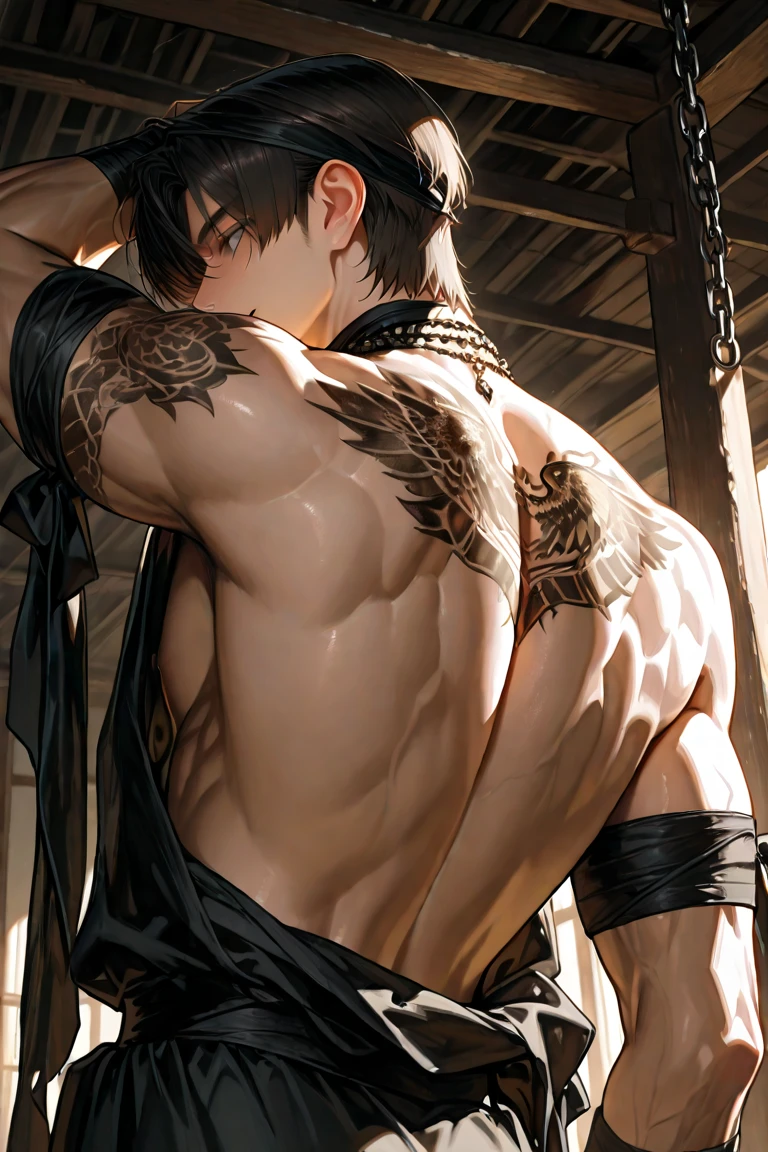 muscular man wearing tight chinese traditional dress and Chinese traditional accessories, feathered shawl on shoulders.a hole in his big chest. The muscular man hugged an old man in a suit in nightclub place and the old man holding the muscular man chest.gay relationship. Chinese architecture. smiling and blushing,juicy butt, juicy chest, plump butt, man only, gay (masterpiece) (high quality)