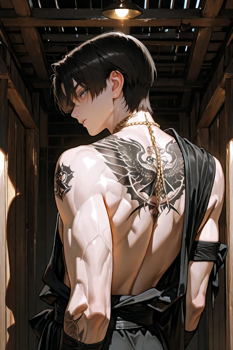 Master masterpiece、the best quality、8K、16 years old male、katsuki bakugou、black trousers、Upper body naked、(Tattoos on the shoulder and back:1.2)、Dragon on background