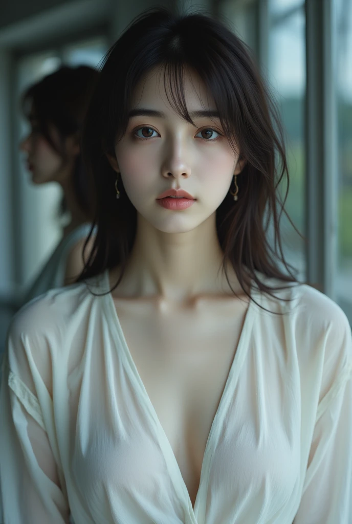 An elegantly dressed Japanese woman in natural light、A close-up of her chest and calm expression.、It shows her inner peace and outer charm.。
Her underwear is untied on the left side of her chest, exposing her completely.、Short-haired punk girl、It's a picture of that, seen in the car's rearview mirror.