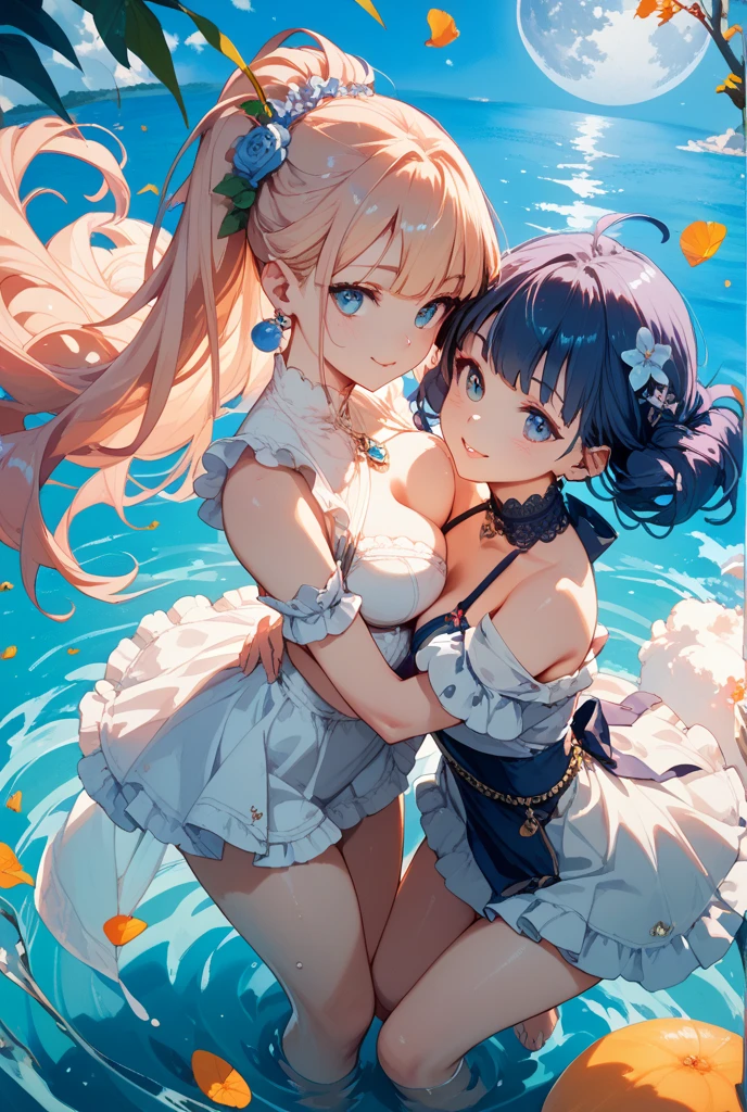 loli face,Short yellow hair with high double ponytail,Double ponytails tied with pink bows