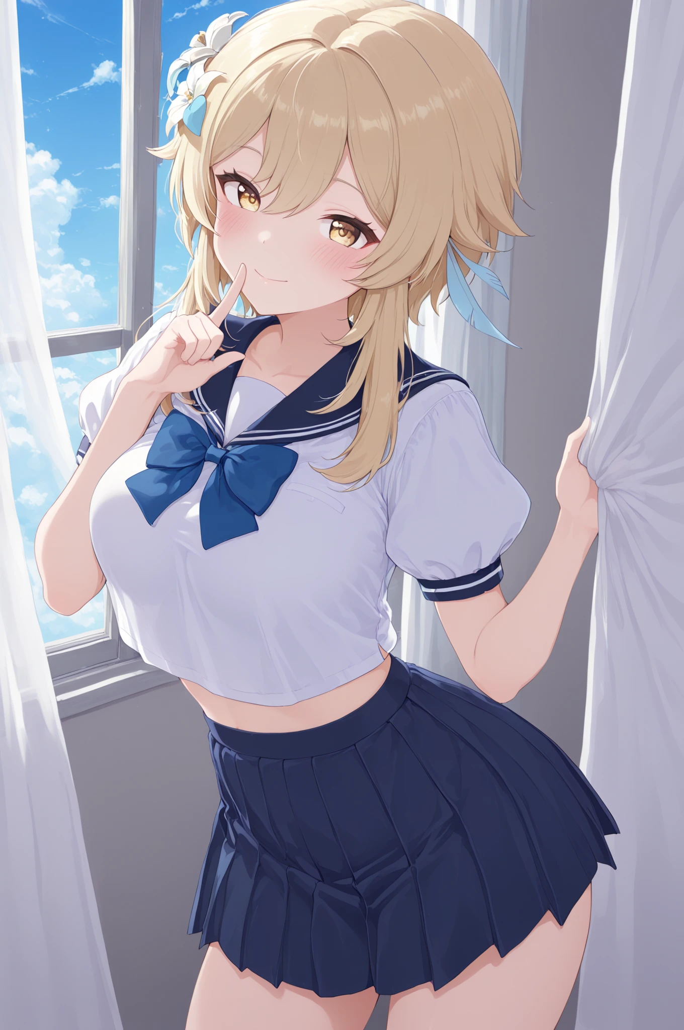 best quality, (masterpiece:1.2), detailed, medieval,
Rumia Tingel,
1girl, solo, closed mouth, light smile,
medium hair, blonde hair, short ponytail, blue eyes, green bow, x hair ornament,
school uniform, suspenders, blue capelet, white shirt, blue choker, red ribbon, miniskirt, white skirt, navel, gloves,
standing, from angle, looking at the viewer,
outdoors, castle