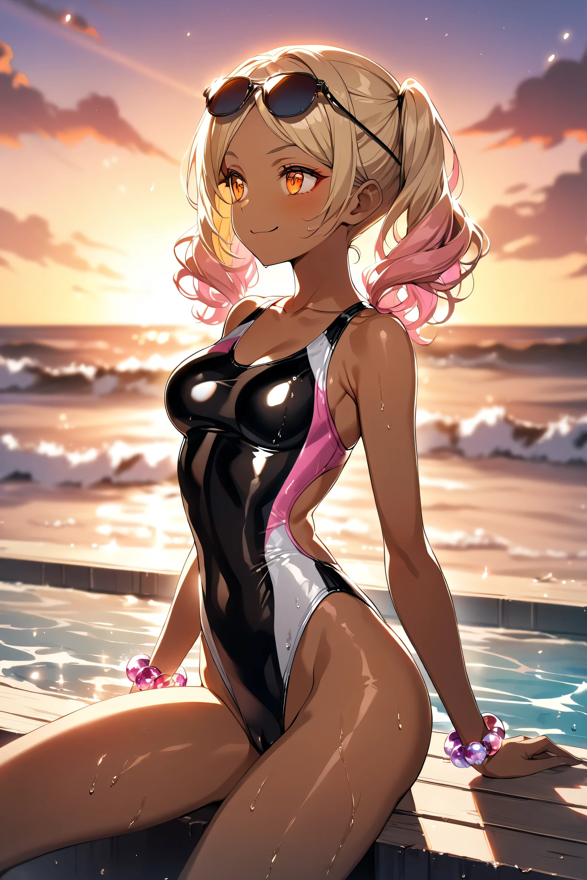 Tanya Degurechaff, milf, old woman, yellow hair, ((Venus body)), one-piece tan nude, ((one-piece tan nude, flushed, smile coqueta, black lipstick,  muscle girl, stronger)), detailed face, puffy lips, ((gothic make up)), ((black lipstick)), twintails, ((teacher)), ((masterpiece)),(( (best quality))), ((glasses)), ((tsundere)), ((angry)), ((long hair bangs)), defined cheekbones, high cheekbones, illustration, (( skindentation)), (puffy lips:1.4) , cleavage, seductive smile,  (( flushed, smile, oiled skin, mucha piel visible)), short hair, picking up her breasts, (( one-piece tan nude,  picking up her breasts)), curvy body, showing off her breasts, exhibitionism, long legs, open legs , abs, womb tattoo , muscle, ((beefy, bodybuilder)),  arms up,Iparuputsua, squat, ((en cuclillas)), on the beach at night, city lights in the distance, Cancun.