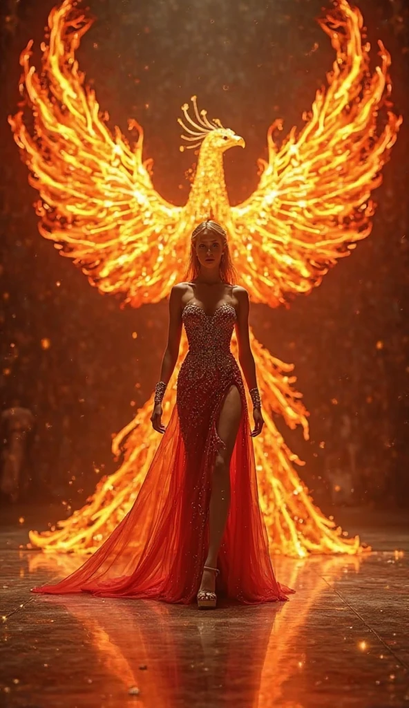 a girl with white hair wearing a formal outfit and wearing a necklace with name "Kiss" on it with a firing phoenix in her back