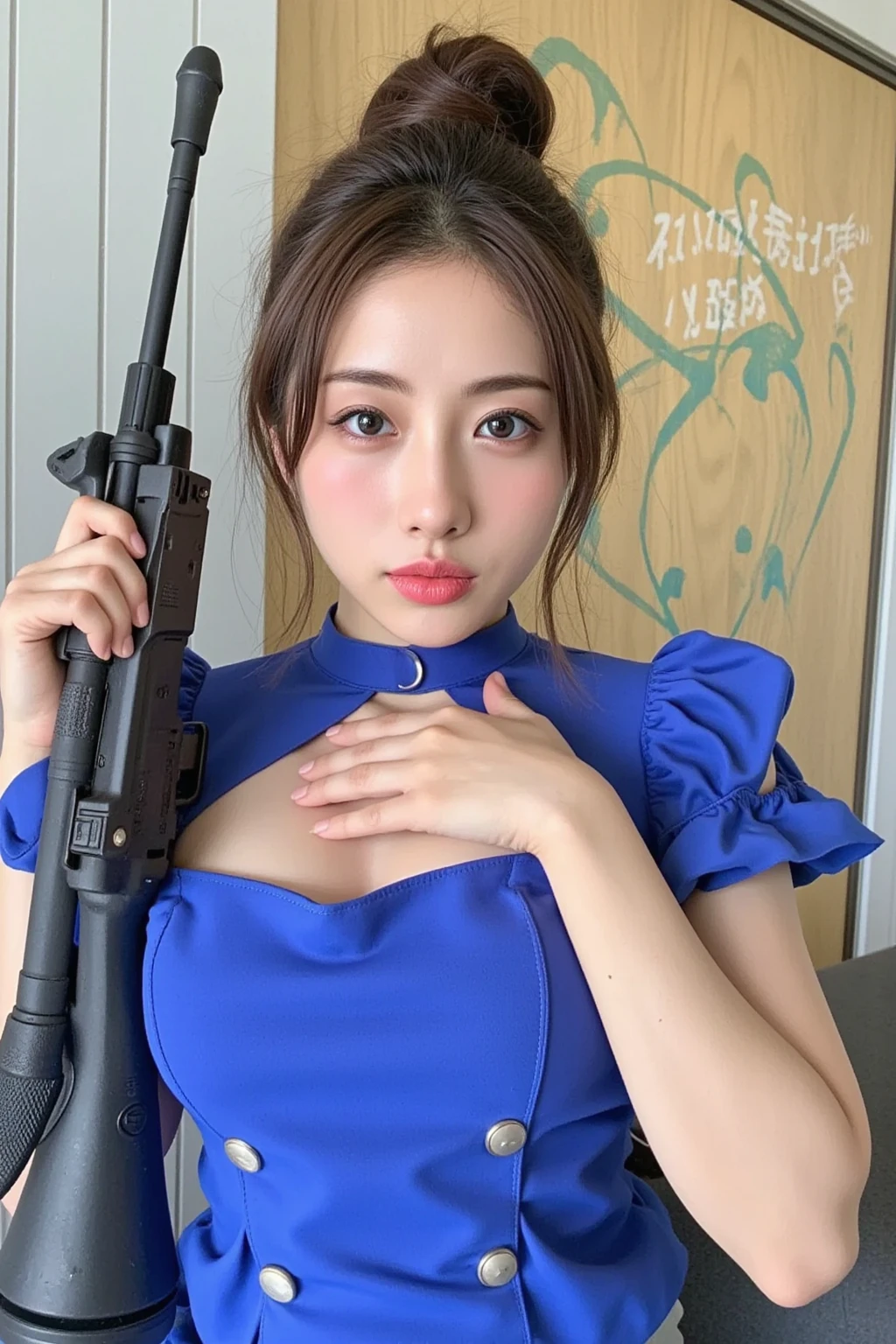 A beautiful nun、Wear a wimple:1.37、Except for lingerie:1.3、Cowboy Shot、Big Breasts、(Skinhead:1.5)、(Aiming the Groza assault rifle at the viewer:1.67)