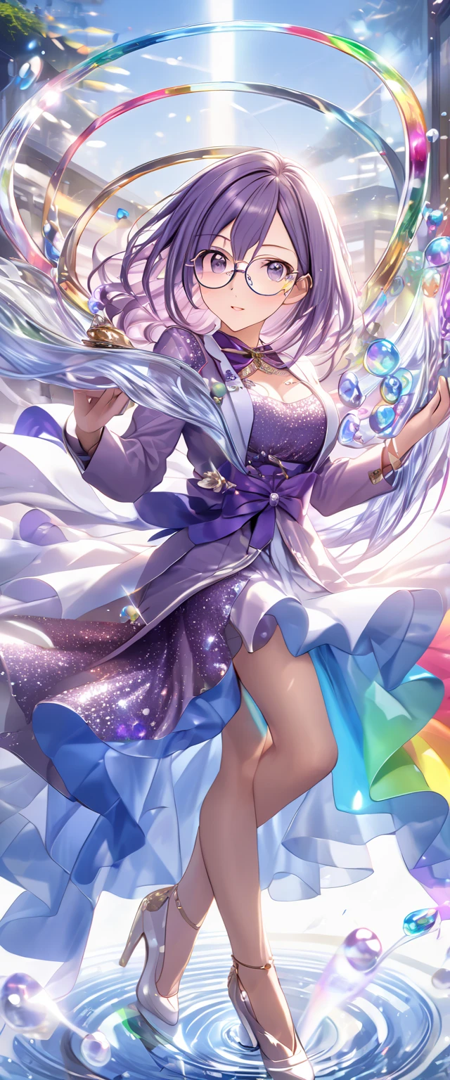 half length body image of an older woman with long light purple hair, purple eyes, foxtails, in a long rainbow dress, a crystal crown on her head, and crystal rainbows in the background