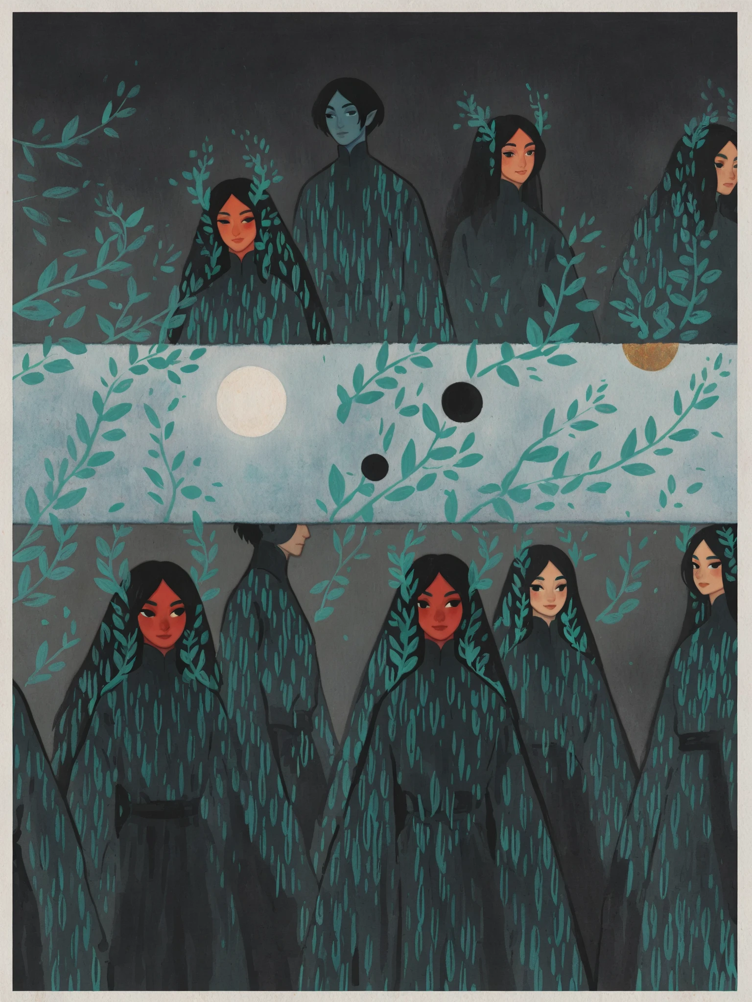 drki, dkri, portrait, a group of people, 5girls, 6boys, rating_questionable, BREAK
flat color, no lineart, group portrait,
tourquise hair, black eyes, demon, humanoid, colored skin, red skin, facing viewer, detailed illustration, characters, detailed faces, black clothes, ethereal atmosphere, fantasy aesthetic, painterly illustration, gouache painting, gouache texture, soft illustration, 2d art, leaves, abstract background, masterpiece, best quality
