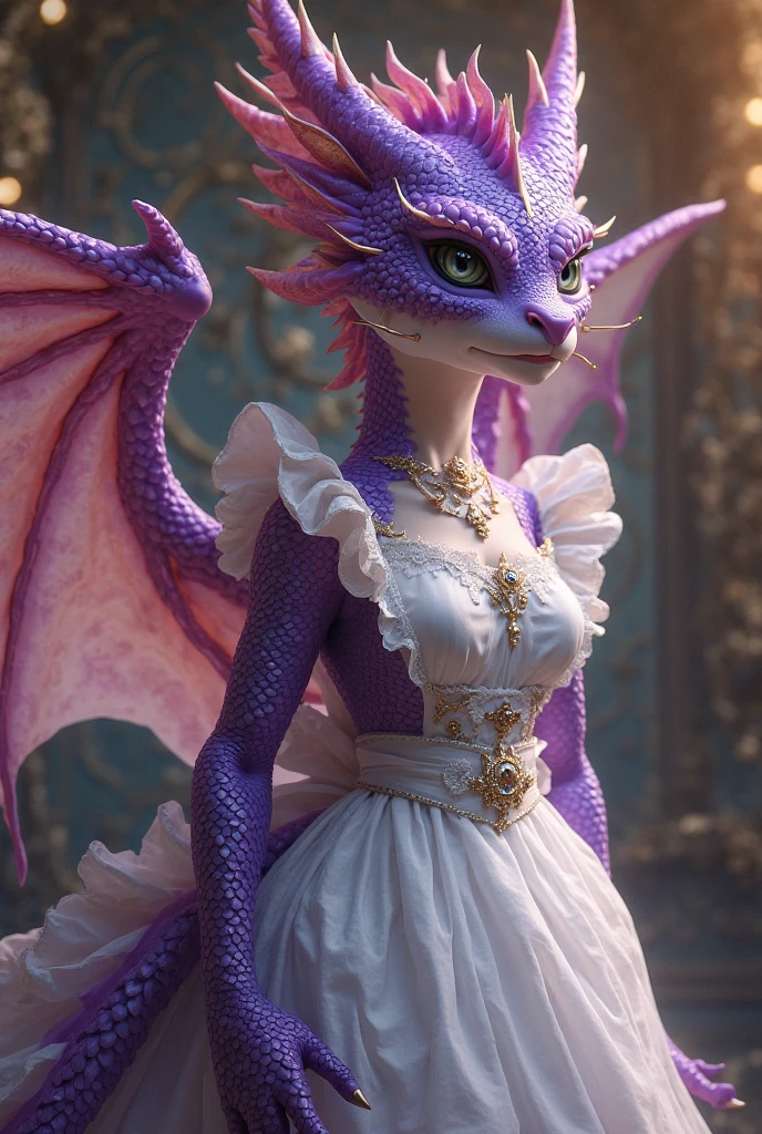 artistic, holyquality, dragon, detailed scales,, smile, blue eyes, (purple body), head shot portrait, detailed background, female, clothed, sfw