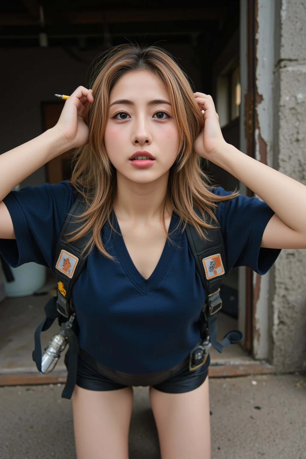 Five female bank employees are taken hostage after being attacked by robbers、All of them have their hands tied behind their backs with rope、Are standing、Wearing a bank uniform、Age 25、美people、Well-formed face、Medium build、, light brown hair, straight hair, swept bangs, Surrealism, cinematic lighting, tachi-e, Nikon, Wide-Angle, uhd, anatomically correct, textured skin, best quality, highres, 8K, anatomically correct