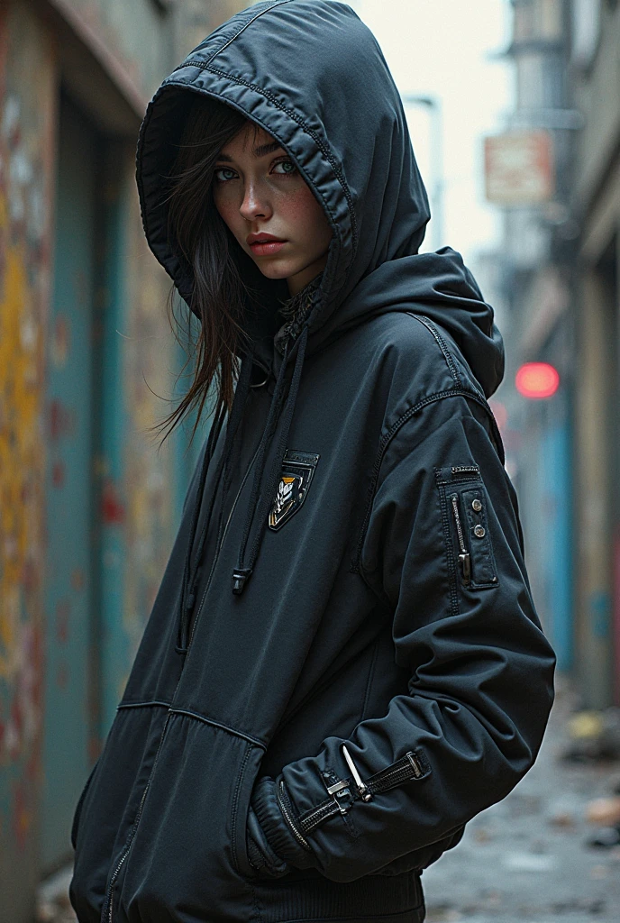Create a 3D realistic image "A young Indian woman dressed in stylish activewear, consisting of a zip-up cropped jacket over a sports bra, paired with high-waisted leggings and wearing shoes. She accessorizes with large, over-ear headphones in neak and holds her phone in her left hand. Her long, thick, black hair is loose, over her shoulders. background like a digital crafting."